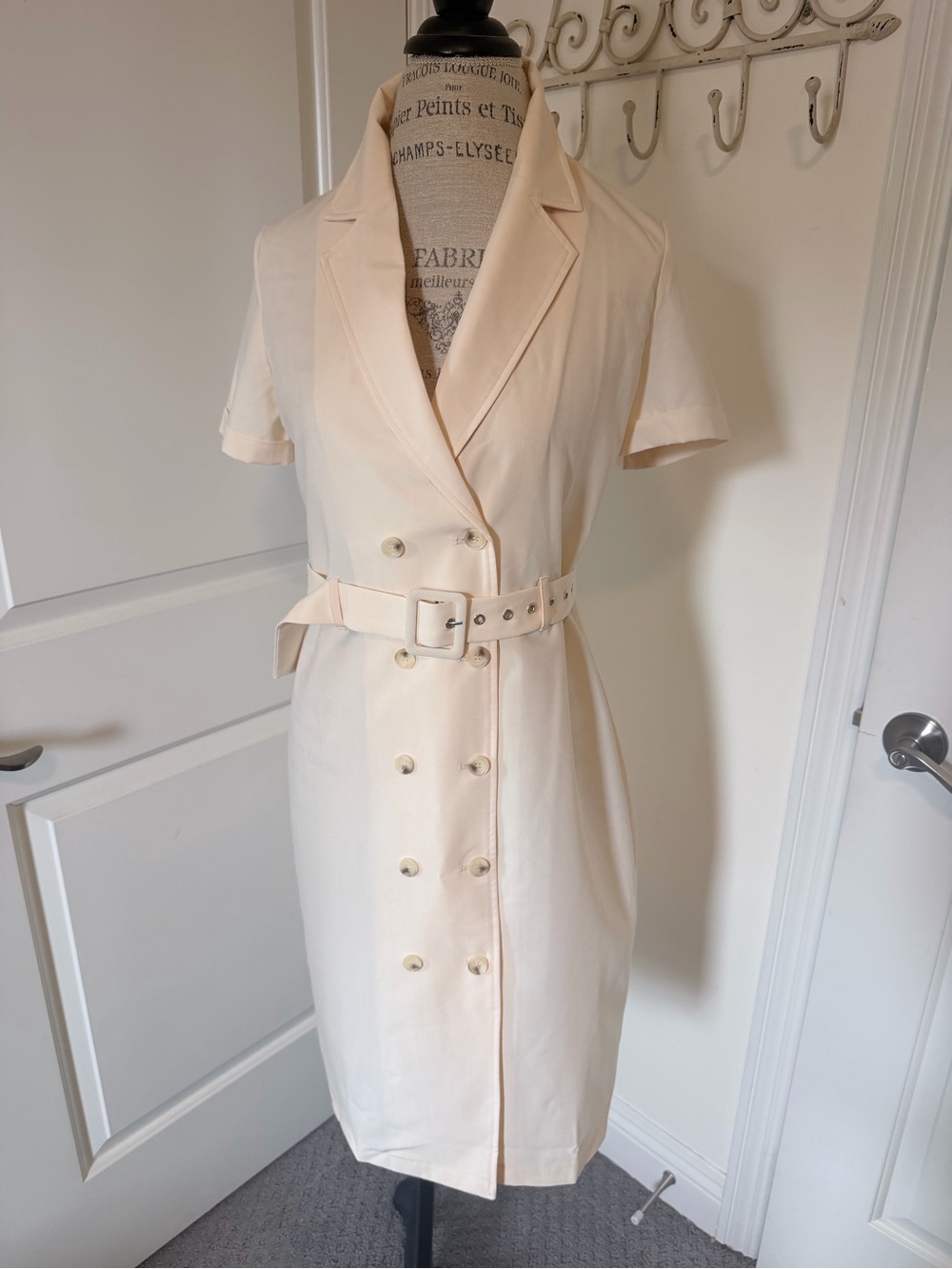 Allegra K Cream Double-Breasted Belted Midi Shirt Dress